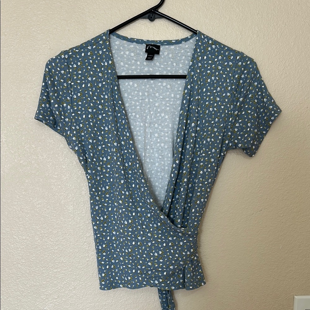 Art Class Blue and White Wrap Blouse Short Sleeve
